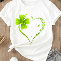 Crew Neck T Shirt Four Leaf Clover Heart Design St Patrick's Day Celebration