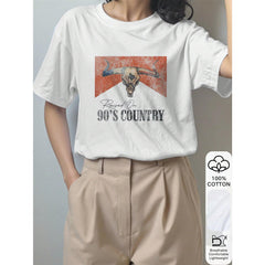 90s Country Style & Bull Head Print 100% Cotton Short Sleeve T-Shirt For Women, Summer Tee, Graphic Tee, Casual Summer Outfit, Cotton T-Shirt, Summer Top