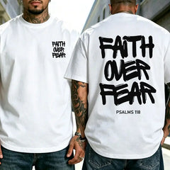 Oversized Menswear Short-Sleeve Tshirt, Faith Over Fear Graffiti Print Christian Sports Top in Soft Fabric, Shortsleeve