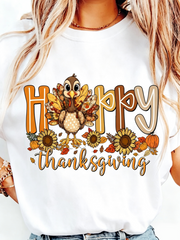Women's Happy Thanksgiving Turkey Sunflower Pumpkin Graphic T-Shirt, Crew Neck Short Sleeve Casual Fall Tee