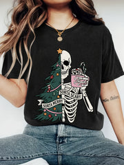 Sorta Merry Sorta Scary Skeleton Christmas Tree Graphic T-Shirt, Women's Funny Xmas Skeleton Hot Cocoa Short Sleeve Tee