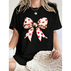 100% Cotton Cute Heart Love Coquette Bow Valentine's Day Women Girls Print T-Shirt, Short Sleeve Crew Neck Casual Top For Summer & Spring, Women's Clothing