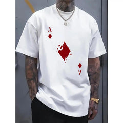 Men's cotton crew neck t-shirt with bold Ace of Spades graphic print, regular fit stretch knit fabric, white casual short sleeve top