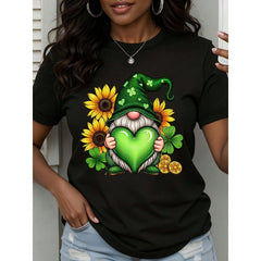 St Patrick's Day Women's Short Sleeve T-Shirt Garden Gnome Holding Green Heart With Sunflowers And Clover Print Casual Outfit For Spring Festivals And Everyday Wear
