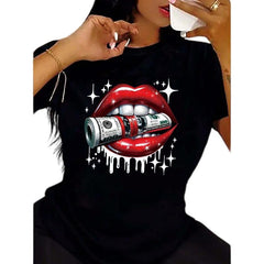 Vibrant Red Lips & Dollar Print Crew Neck T-Shirt - Stylish Casual Short Sleeve Top For Women - All-Season Comfortable Fashion Wear With Relaxed Fit