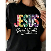 100% Cotton Women Christian Tee With "Paid It All" Floral Cross Print, Soft Breathable Round Neck, Machine Washable Religious Casual Church Top