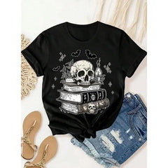 Women's Gothic Skull Book Graphic T-Shirt - Black CasualCrew Neck Short Sleeve Tee with Bat