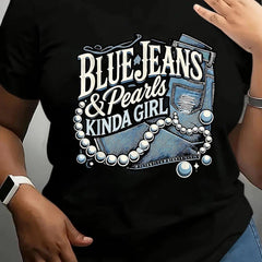Blue Jeans & Pearls Graphic T-Shirt - Cotton Casual Short Sleeve Round Neck Top with Geometric Design for Spring/Summer Daily Wear, Relaxed Fit Shirt, Durable Casualwear Streetwear Womenswear Tshirt Crewneck Fitted Shortsleeve tshirt rule