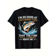 Men's Funny Fishing T-Shirt I Fish So Well The Fish All Tell Stories with Jumping Fish Graphic Lightweight Breathable 100% Cotton All-Season Casual Outdoor Fishing Apparel Machine Washable Ideal Gift double print Tshirt Round Neck Menswear