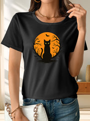 Halloween Black Cat T-Shirt, Orange Moon Bats Graphic Tee
