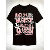 Heart Queen Unisex Graphic T-Shirt - Black/White/Pink "Mind of a Hustler Queen" Slogan & Dollar Sign Design, Soft Breathable Crew Neck Short Sleeve Tee for Men & Women, Casual Streetwear, Everyday Fit