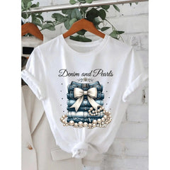Women'S Denim And Pearl Pattern printing Crew Neck Short Sleeve Shirt, Casual Fashion Tops