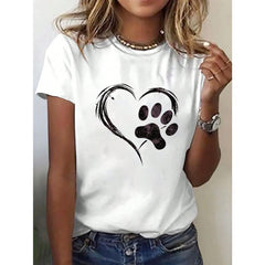 Women's Casual Short Sleeve T-Shirt With Dog Paw And Heart Print, Round Neck Top Graphic Tees Women Tops