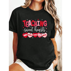 Teaching Sweethearts Valentine Heart Candy Teacher Valentine T-Shirt Casual Printed Cotton Women T-Shirt, Summer Short Sleeve Graphic Tee Women Tops