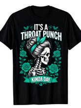 Men's Graphic TShirt A Day for Throat Punches Featuring a Black Edgy Skeleton Adorned with Floral Roses And Teal Highlights This Regular Fit Short Sleeve Casual Summer Tee