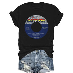 Motown Vinyl Records Summer Simple Pattern T-Shirt, Casual Crew Neck, Fit, Short Sleeves, Breathable Fabric, Versatile Top, Suitable for Teens and Adults