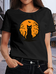 Halloween Black Cat T-Shirt, Orange Moon Bats Graphic Tee