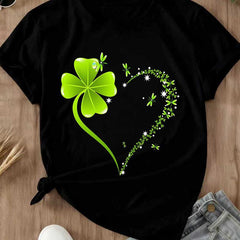 Crew Neck T Shirt Four Leaf Clover Heart Design St Patrick's Day Celebration
