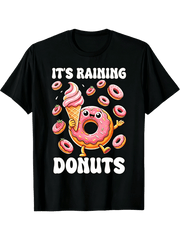 2026 Summer Unisex Short Sleeve T-Shirt, Funny It's Raining Donuts Cartoon Print, Cute Sprinkle Donut With Rainbow Umbrella Graphic Tee for Men Women, 180G Casual Daily Printed Top