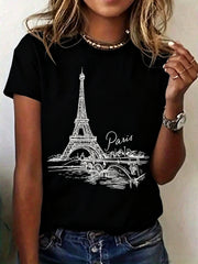2026Women's Paris Eiffel Tower Pattern Printed T-Shirt - Black And White Color Block Design, Soft Breathable Fabric, Loose Round Neck Casual Top, Spring Summer Vacation Travel Clothing