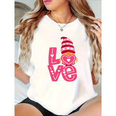Cute Heart & Gnome Face Design Short Sleeve Round Neck Loose Fit Casual Top, All-Season Shirt for Casual Attire or Gift