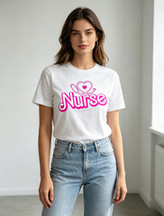 Adorable Nurse Theme Print Short Sleeve Tee Unisex Pure Cotton Summer Top