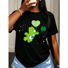 Women St Patrick's Day Green Bear With Shamrock And Heart Balloon Print T Shirt Fashion Casual Round Neck Top Soft Comfortable All Season Suitable For St Patrick's Day Festival Celebration Outfit