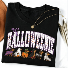 Halloween Dachshund Wiener Dog Graphic T‑Shirt, Retro Fall Funny Dog Costume‑Style Print, Crew Neck Short Sleeve Cute Dog Lover Casual Halloween Tee