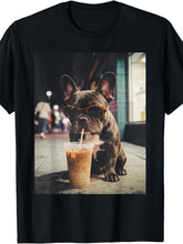 Funny Cool French Bulldog Iced Coffee Graphic T-Shirt, Unisex Cotton Crew Neck Short Sleeve Tee, Frenchie Casual Novelty Shirt, Gift For Dog And Coffee Lovers