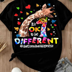 Giraffe Puzzle Piece Heart Graphic Tee | Autism Awareness T-Shirt | Proud To Be Different Casual Top for Women