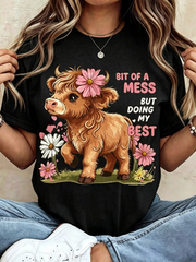 Cute Highland Cow Graphic T‑Shirt for Women, Bit of A Mess But Doing My Best Inspirational Casual Short Sleeve Tee