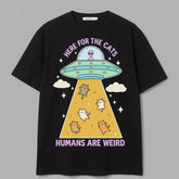Round Neck Short-Sleeve Casual Stylish Trendy T-Shirt, Funny Vintage Cartoon Alien Graphic, Retro Pastel Design, "Here for the Cats Humans Are Weird" Cat Lover Unisex Gift Top