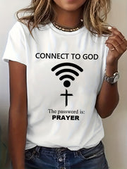 Women's Connect To God Prayer Graphic Crew Neck T‑Shirt, Funny Spiritual WiFi Cross Letter Print, Casual Short‑Sleeve Tee for Church & Faith‑Inspired Daily Wear