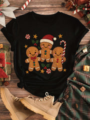 Women's Christmas Gingerbread Man Graphic T-Shirt Cute Candy Cane Holly Star Holiday Casual Winter Tee