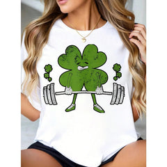 Round Neck T Shirt Clover Lifting Weights Print Short Sleeve Casual Summer Top For St Patrick's Day Workout And Everyday Wear