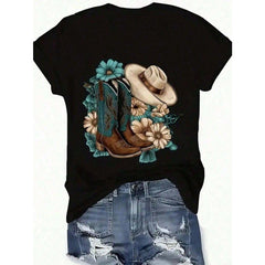 Women's Western-Style T-Shirt With Boots, Hat, And Floral Print, Loose Fit, Round Neck, Short Sleeves, Spring-Summer Casual.