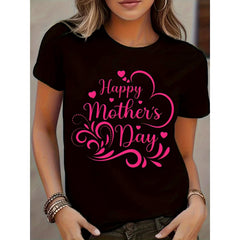Mother's Day MAMA Graphic T-Shirt for Wo - Casual Comfort Fit, Black with Pink Letter Print and Heart Design, Machine Washable Gift for Mom, Mothers Day Gifts for Mom