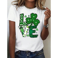 Women's St Patrick's Day Love Shamrock Graphic T-Shirt - White Crew Neck, Short , Festive Green Clover Design With LOVE Print, Perfect For Spring Summer Casual Wear, Sprin
