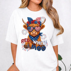 Unisex Red White & Moo Highland Cow T-Shirt 100%Cotton Patriotic Graphic Tee, Cute American Flag Cow Shirt, Independence Day Fireworks Short Sleeve Top