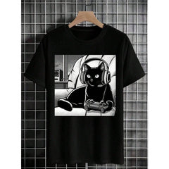 Mysterious Black Cat Graphic T-Shirt | Relaxed Fit Casual Tee, Short Sleeve Crewneck for Everyday Wear