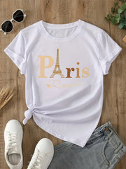 Fashion Women's Paris Graphic T-Shirt, Casual Short Sleeve Top with Eiffel Tower Print, Romantic Letter Print Tee for Daily Wear