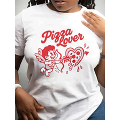 Valentine's Day Women's Round-neck Fashionable Casual T-shirt: Cupid Hits Pizza Heart-shaped Pattern Couple Fun Theme