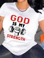 Women's Inspirational "God Is My Strength" Graphic Crewneck T-Shirt – Fitness-Themed Top