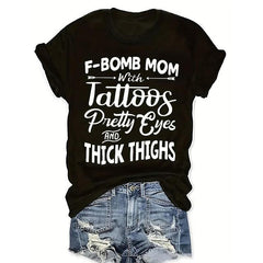 VelvetVixen Women's Lettering Print T-Shirt "F-Bomb Mom" - Casual Crew Neck Short Sleeve Top, Knit Fabric, All Seasons - Black Cotton Womenswear Embroidered Flat