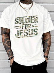 Soldier For Jesus Camo Graphic T-Shirt, Men's Christian Faith Camouflage Letter Print Short Sleeve Tee