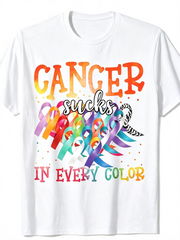 Cancer Awareness Multicolor Ribbon Graphic T‑Shirt, Inspirational Support Short Sleeve Tee for Men Women