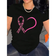 Women's Casual Breast Cancer Awareness T-Shirt - Pink Heart Geometric Print, Soft Stretch Round Neck Short Sleeve Top, Machine Washable All-Season Comfort, Comfortable Clothing, Heartshaped Design, Nontransparent Material-100% Cotton T-Shirt