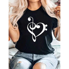 Women's Oversized Heart Music Note Print Tee, Soft Breathable Round Neck, All-Season Casual Top, Machine Washable, Perfect Holiday Gift & Daily Wear