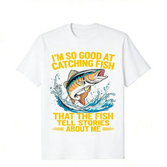 Men's Funny Fishing T-Shirt I Fish So Well The Fish All Tell Stories with Jumping Fish Graphic Lightweight Breathable 100% Cotton All-Season Casual Outdoor Fishing Apparel Machine Washable Ideal Gift double print Tshirt Round Neck Menswear