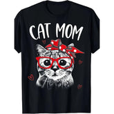 Cat Mom Graphic T-Shirt for Women Vintage Style Cat with Red Bow & Hearts Design, Machine Washable Casual Summer Top, Mother'S Day Gift, Cat T Shirt, Everyday Outfit, Playful Design, Durable Material, Printed Shirt, Pet Lovers